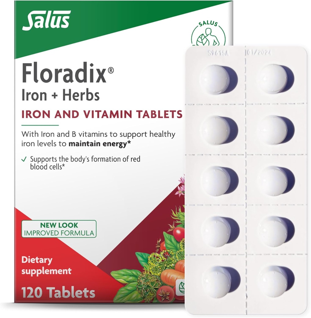 Floradix Iron Tablets - Suplemento de hierro con vitaminas B, ácido fólico, vitamina C &amp; Más - Energy Support - Vegetarian &amp; Gluten-Free - 120 Tablets (120 Servings)