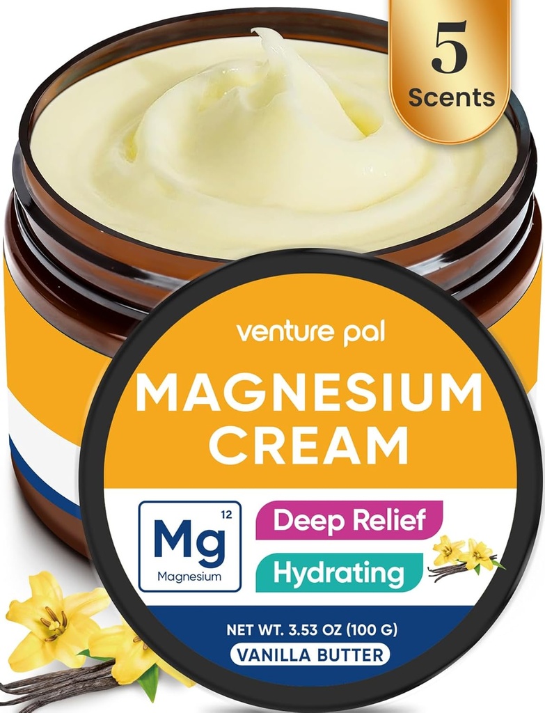 Venture Pal Magnesium Lotion, Topical Magnesium Cream for Sleep, Leg Cramps & Pain, Muscle Relax, Calma, Moisturizing Supplement with Coconut Oil, Shea Butter & Hyaluronic Acid, Safe for Kids