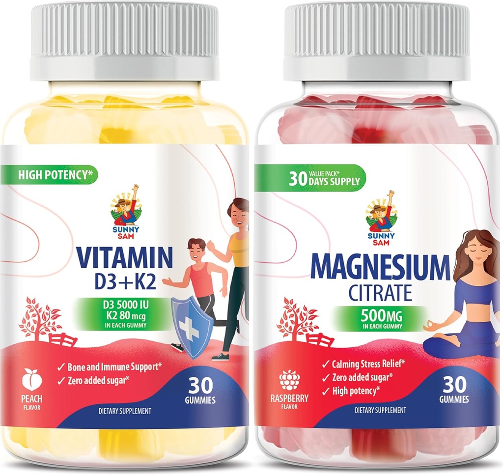 Magnesium Gummies for Kids & Adults - 500mg and Vitamin D3 K2 Gummies 5000 IU.Calm Magnesium Chews - Magnesium Citrate Chewable Supplement for Mood & Muscle Support