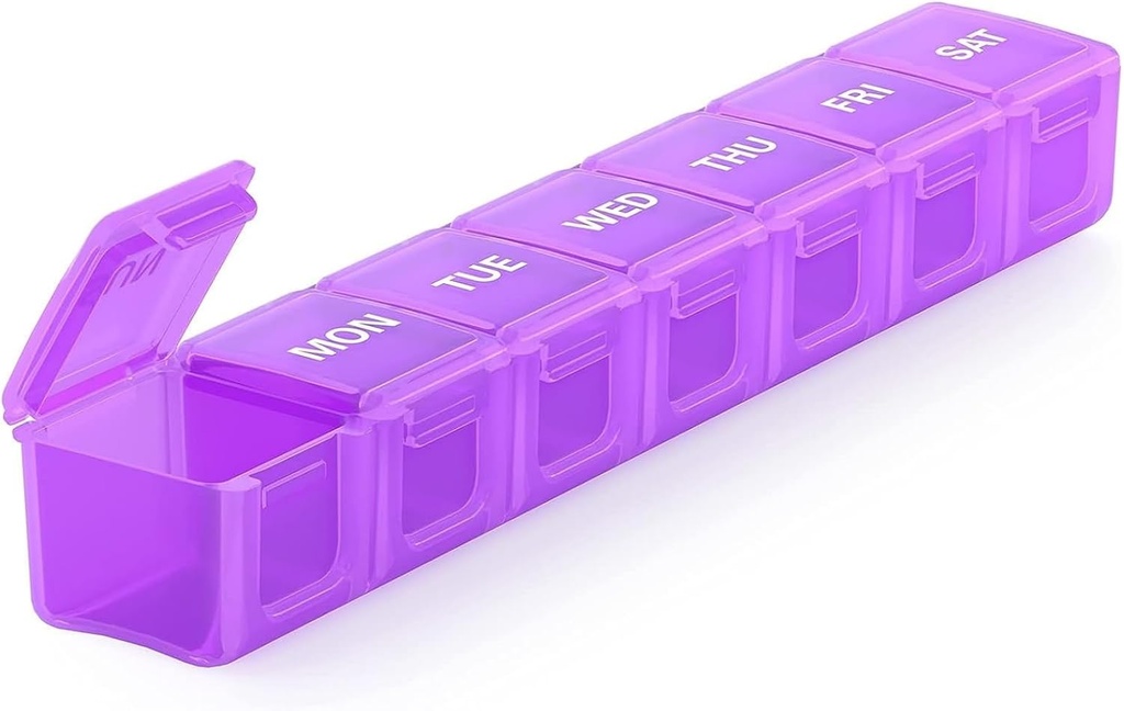Sukuos Extra Large Weekly Pill Organizer, 7 Day Daily Pill Box Artritis Friendly, Silkscreen Printed Medicine Container with Clear Lid for Vitamins, Fish Oils or Supplements (Purple)
