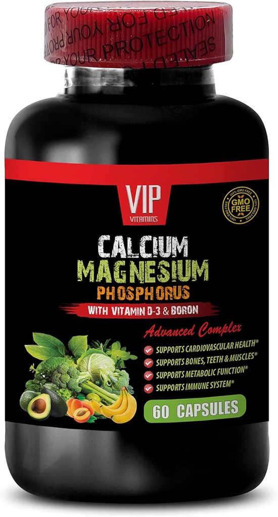 Calcium Magnesium Supplement - Calcium Magnesium Phosphorus with Vitamin D-3 & Boron - Healthy Bones Magnesium, Calcium for Women, Magnesium for Men, Bone Strength Supplements, 1 Bottle 60 Capsules