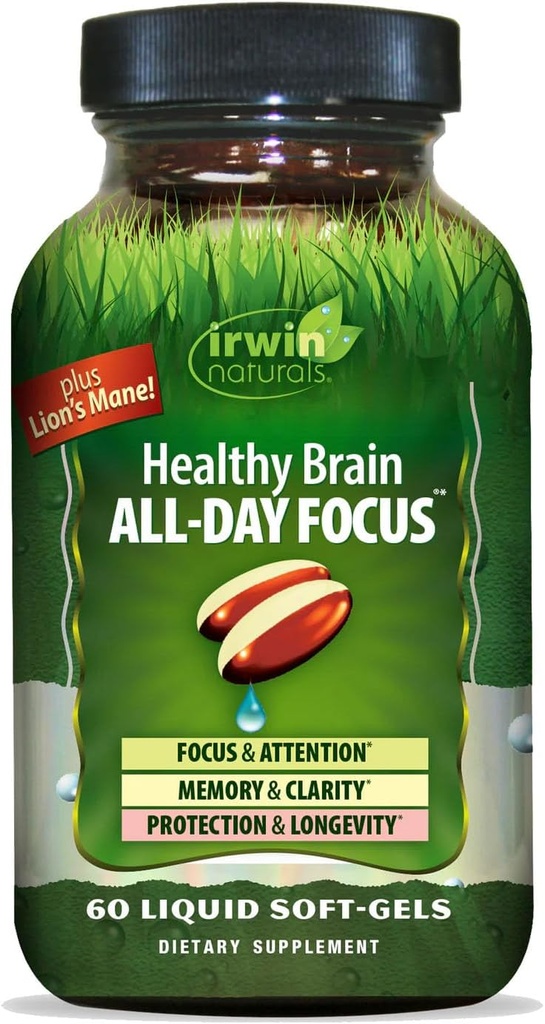 Irwin Naturals Healthy Brain All-Day Focus - 60 Liquid Soft-Gels - Boosts Mental Performance " Promueve la salud cerebral a largo plazo - 30 Servimientos