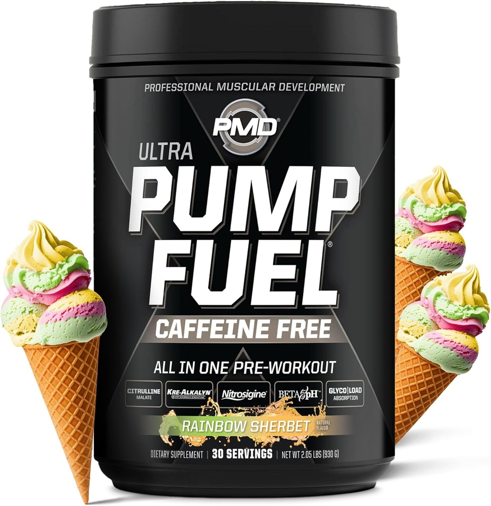 PMD Sports Pump Fuel Ultra Caffeine Gratis - Premium Pre Workout Powder &amp; Muscle Pump, Greater Focus, Endurance & Recovery, Premium Creatine, Arginine & Beta Alanine - Rainbow Sherbet (30 Servings)