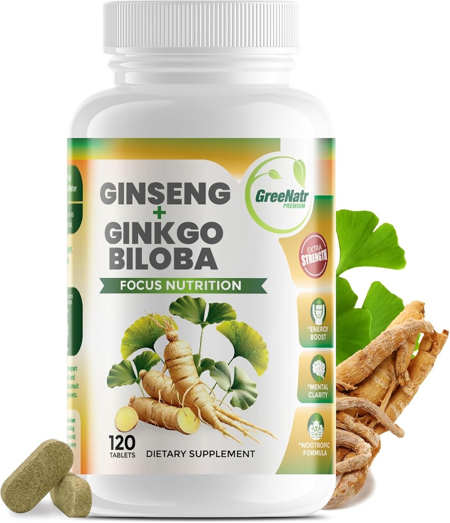 GreeNatr Ginko Biloba &amp; Panax Ginseng Supplement - Red Ginseng Brain Supplement for Memory and Focus - Ginkgo Biloba Supplements for Good Vision, Immune System and Improved Blood Flow - 120 Tablets