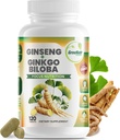 GreeNatr Ginko Biloba &amp; Panax Ginseng Supplement - Red Ginseng Brain Supplement for Memory and Focus - Ginkgo Biloba Supplements for Good Vision, Immune System and Improved Blood Flow - 120 Tablets