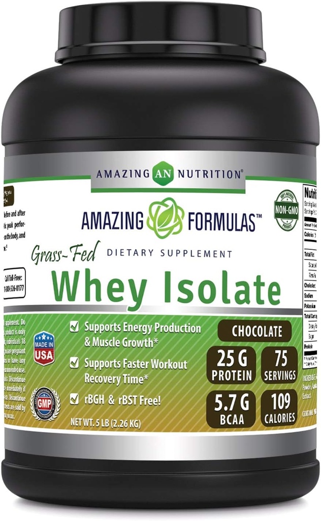 Amazing Formulas Grass-Fed Whey Protein Isolate TEN 25 Grams Protein Por Serving Silencio 5 Lbs (2.26 Kg) TEN 5.7 Grams BCAA confidencialidad Made in USA (5 Lb, Chocolate)