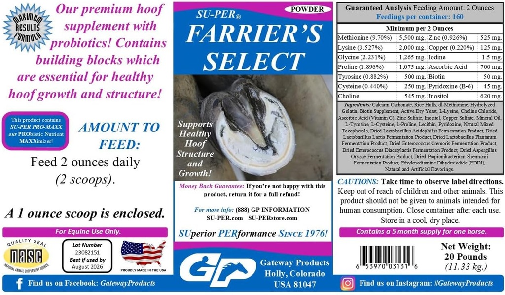 SU-PER Farrier's Select Hoof Supplement - Horse Premium Hoof Care Supplement with Probiotics - Healthy Hoof Growth - 20 libras, 5 meses de suministro