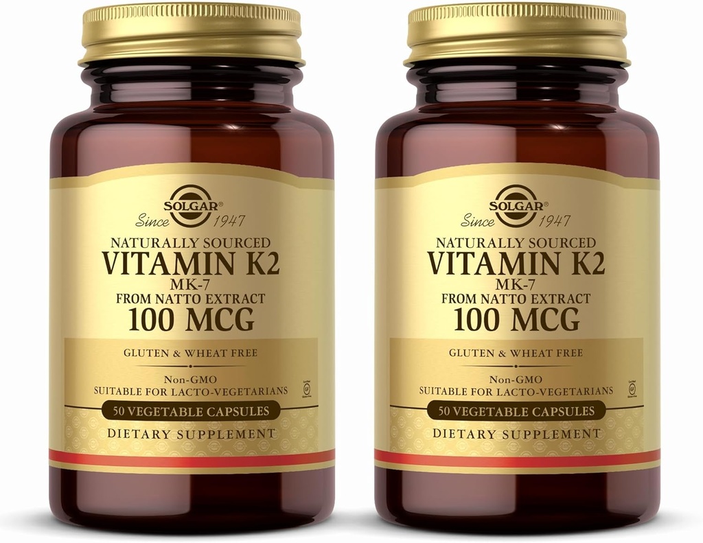 Solgar Vitamina K2 de origen natural (MK-7) 100 mcg - 50 cápsulas vegetales, paquete de 2 - Apoya la salud ósea - Fuente de alimentación completa de Natto Extracto - No GMO, Gluten Gratis - 100 servicios totales