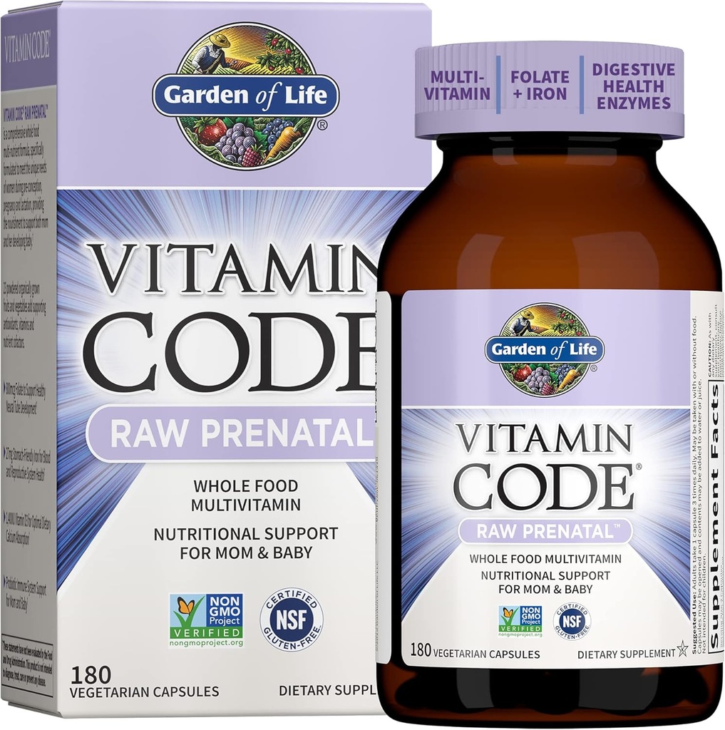 Garden of Life Prenatal Multivitamin for Women from Whole Foods with Biotin, Iron & Folate not Folic Acid, Probiotics for Immune Support - Vitamin Code Raw Pregnancy Must Haves - 180 Capsules