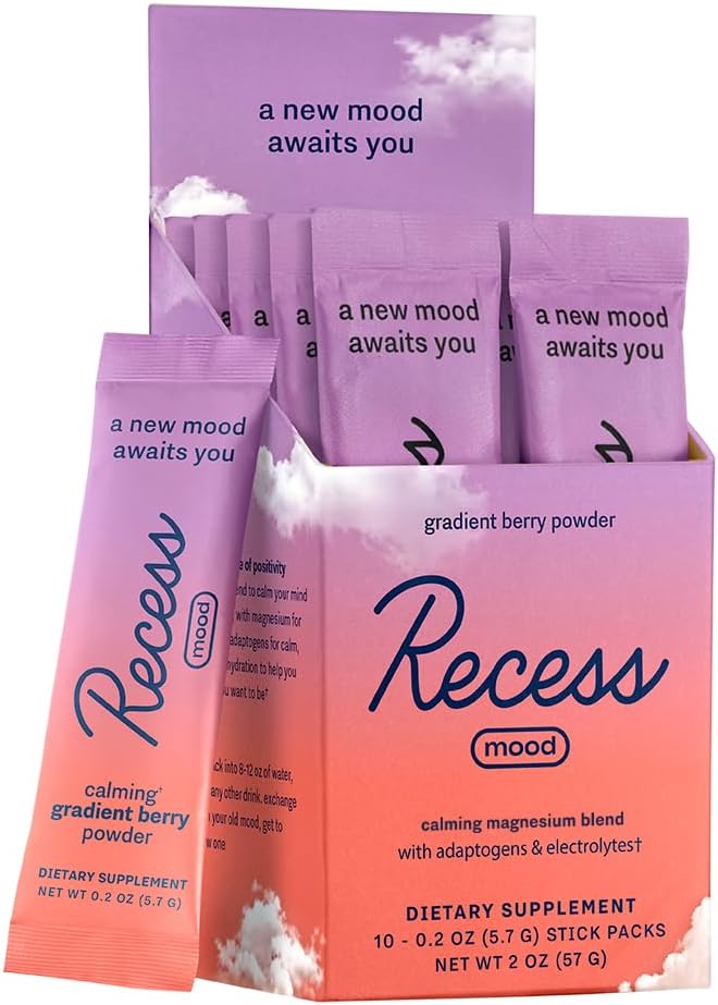 Recess Mood Powder, Calming Magnesium L-Threonate Blend with Passion Flower, L-Theanine, Electrolytes, Magnesium Calm Support Supplement - Gradient Berry Pack of 10