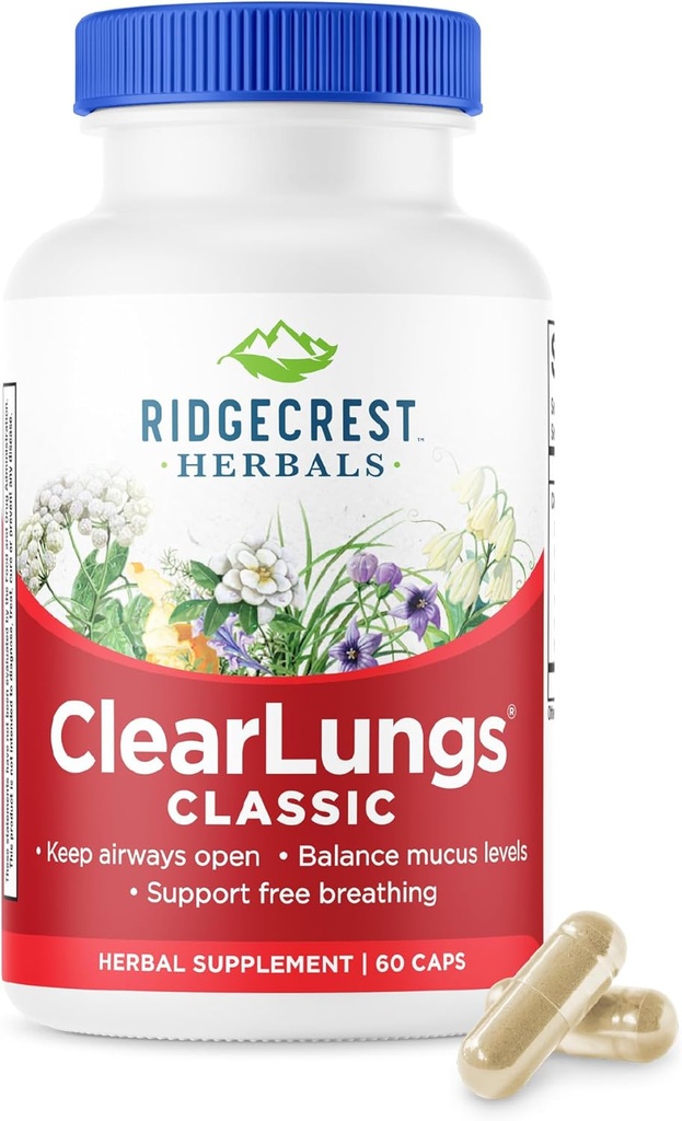 RidgeCrest Herbals ClearLungs Classic, Natural Lung y Nasal Daily Health Supplement for Bronchial, Respiratory, Immune, Sinus y Mucus Wellness Support, Herbal Fórmula (60 Caps, 30 Serv)