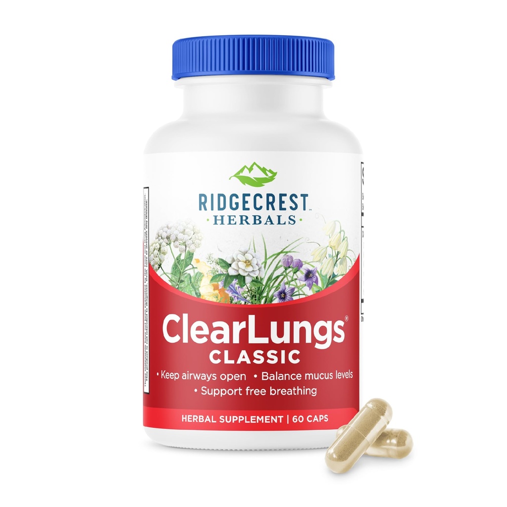 RidgeCrest Herbals ClearLungs Classic, Natural Lung y Nasal Daily Health Supplement for Bronchial, Respiratory, Immune, Sinus y Mucus Wellness Support, Herbal Fórmula (60 Caps, 30 Serv)