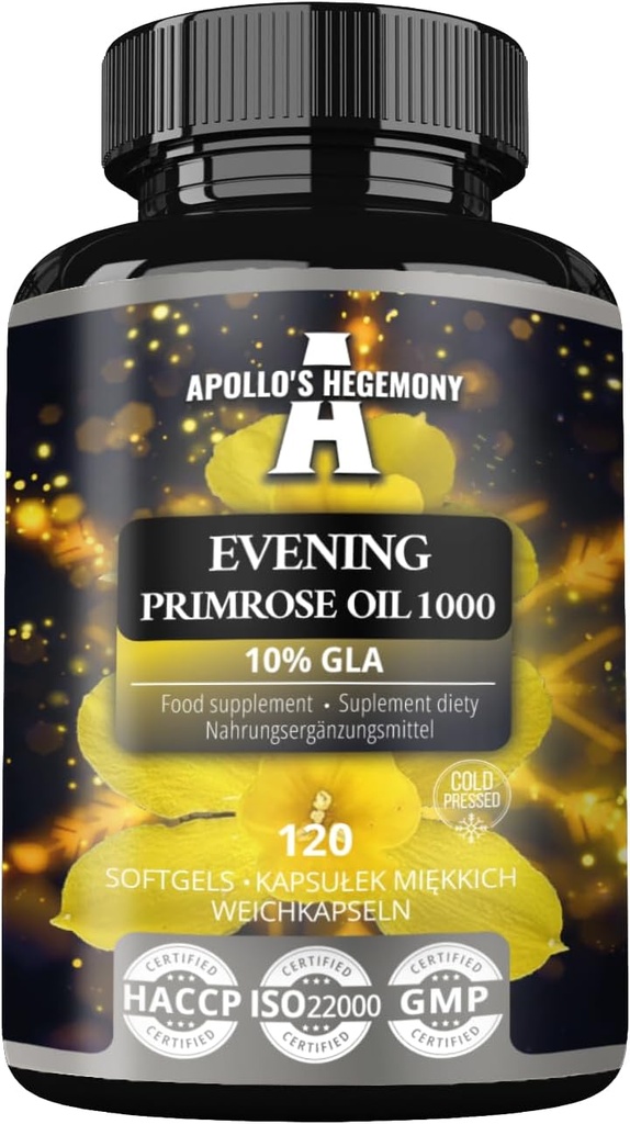 APOLLO'S HEGEMONY Evening Primrose Oil 1000 mg con vitamina E - Contiene 100 mg de GLA Acid - 120 cápsulas de Softgel - 4 meses de suministro - Suplemento dietético de apoyo Saldo hormonal y salud de la piel