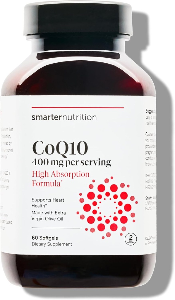 SMARTERNUTRITION CoQ10 400 mg High Absorption - Naturally Fermented Ubiquinone w/Organic Cold-Pressed Olive Oil - for Heart Health, Cellular Energy - Non-GMO, Gluten Free - 60 Count[30-Day Supply]