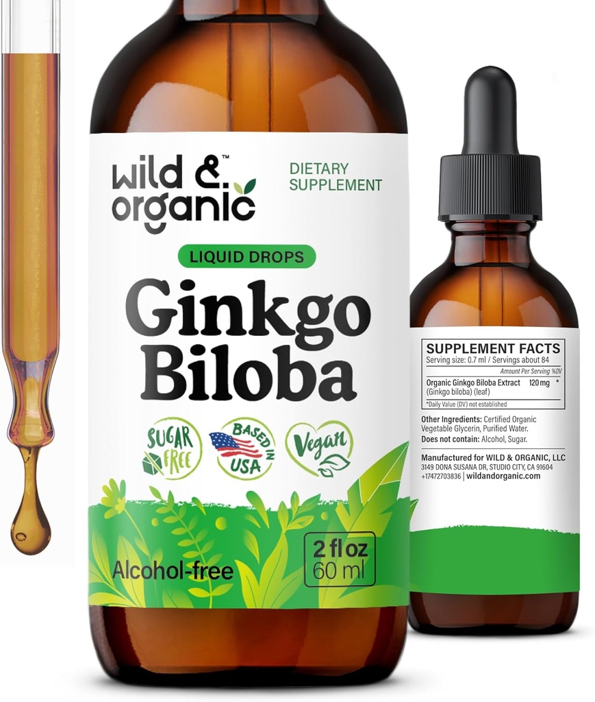Wild & Organic Ginkgo Biloba Tintura - Cerebro &amp; Focus Soporte con Ginkgo Leaf Suplemento - Vegan, Azúcar &amp; Sin alcohol Extracto Herbal Tintura - 2 fl oz
