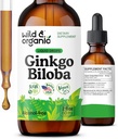 Wild & Organic Ginkgo Biloba Tintura - Cerebro &amp; Focus Soporte con Ginkgo Leaf Suplemento - Vegan, Azúcar &amp; Sin alcohol Extracto Herbal Tintura - 2 fl oz