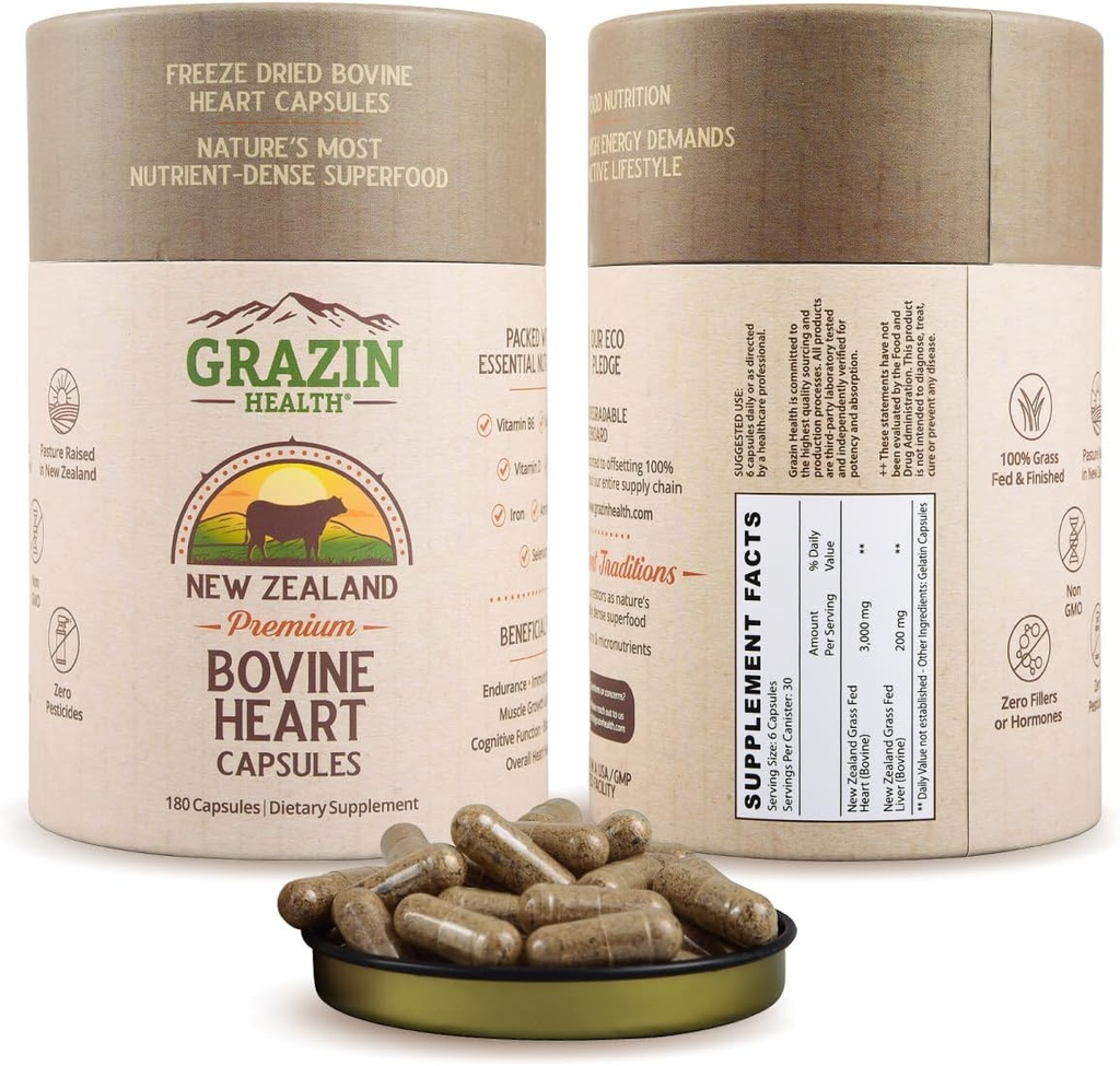 Grass-Fed Freeze-Dried Bovine Heart " Liver Capsules 3000 mg por Serving ¦ CoQ10, Iron, Zinc " B12 Suplemento para el Corazón Natural, Energía y Apoyo Inmunitario