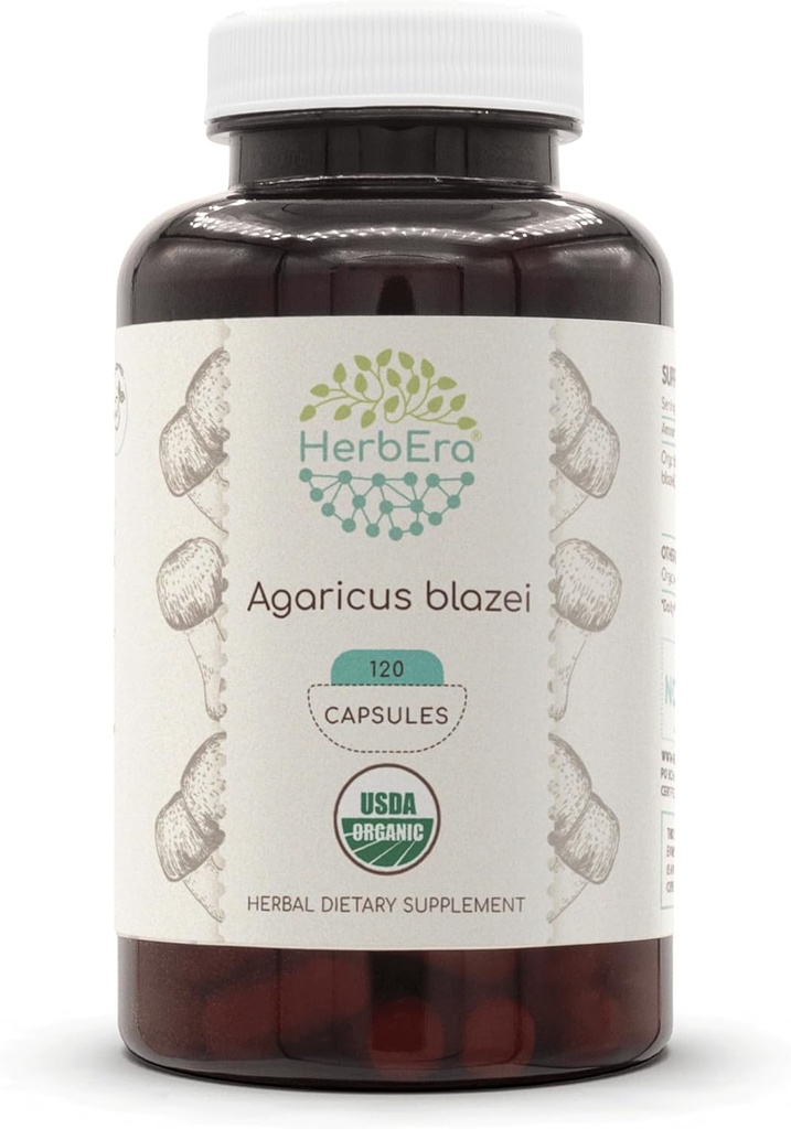 HerbEra Agaricus Blazei USDA 120 Cápsulas Orgánicas ← Suplemento Natural Herbal ← Cápsulas Vegetarianas Orgánicas Certificadas y Agaricus Blazei (Agaricus blazei murill) Secado (120 Cápsulas)