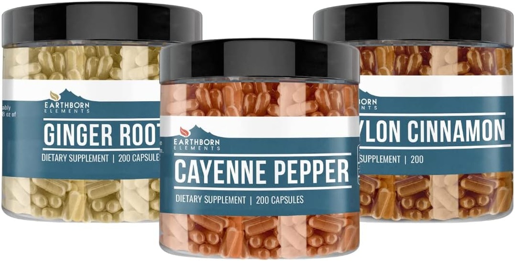 Elements Cayenne Pepper, Ceylon Cinnamon &amp; Ginger Root Bundle (200 capsules cada uno), Puro " Undiluted, No Additives