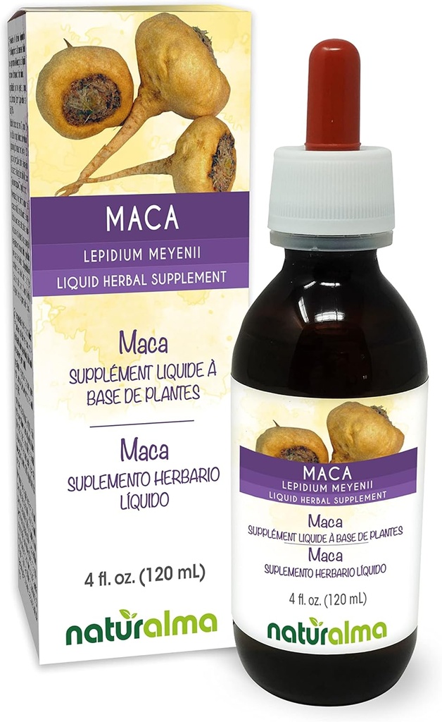 Naturalma Maca o Ginseng peruano (Lepidium meyenii o L. peruvianum) Tinte libre de alcohol - 4 fl oz Extracto líquido en gotas - Suplemento de hierbas - Vegan