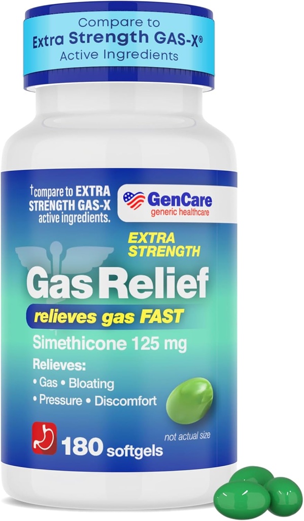 GenCare -Extra Strength Gas Relief Simethicone 125mg (180 Softgels) Maximum Strength Anti Gas Pills for Bloating Relief, Pressure & Discomfort - Comparación con Genérico Extra Strength Gas X