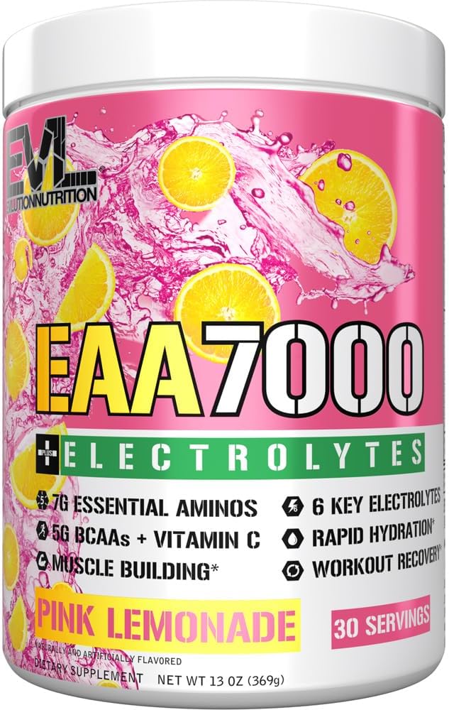 Evlution Nutrition EAA7000 + Electrolytes - Pre &amp; Post Workout Powder - Muscle Building + Recovery Supplement - 7g EAAs + 5g BCAAs + 6 Key Electrolytes - Fast Hydration - 30 Servings - Pink Lemonade