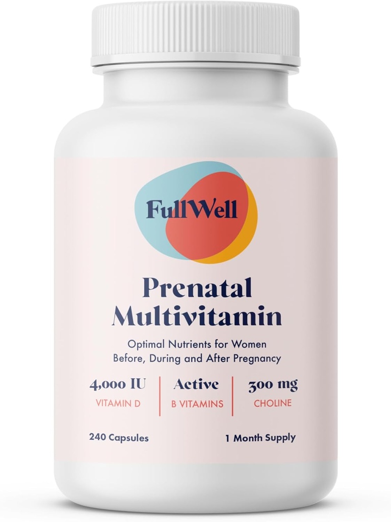 FullWell Prenatal Vitaminas ← Choline, folato, vitamina D para el crecimiento fetal, desarrollo del cerebro ← 26+ Nutrientes vitales ¦ Dietitian-Formulated, OBGYN Recomendado, No GMO, 3er Partido Tested, 30 Servings
