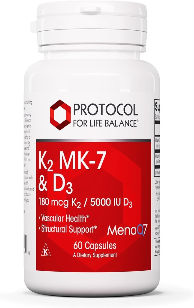 PROTOCOLO PARA LA BALANCE DE VIDA - K2 MK-7 y D3 - Salud Vascular y Apoyo Estructural, Fuerza de Bone, Supresor de Appetito, Pérdida de Peso Natural, soporta Absorción de Calcio - 60 cápsulas de Veg