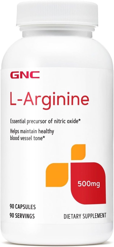 GNC L Arginine 500mg Suplemento, apoya el tono saludable del vaso sanguíneo, 90 piezas