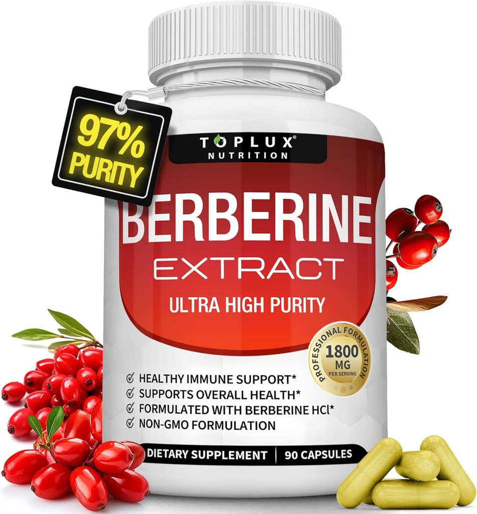 Suplemento de bereberina 1800mg - Berberine HCL 97% testado Ultra High Purity Premium Berberine Extract to Support Global Health, High Potency Berberine Plus Non-GMO Vegan Hombre Mujeres, 90 cápsulas
