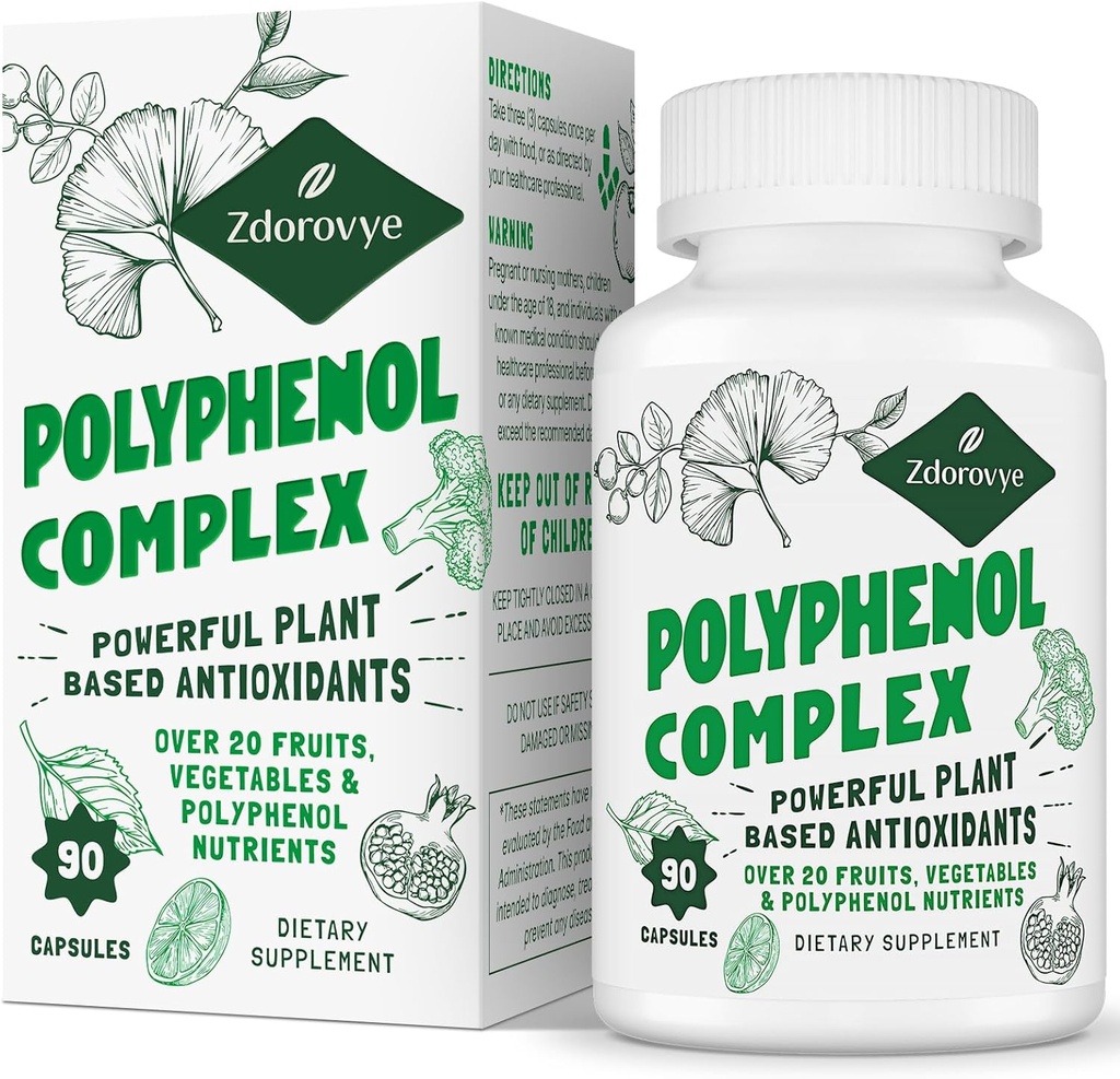 20-in-1 Polyphenols Suplemento Más de 20 Frutas, Hortalizas &amp; Polifenoles, Potenciales Antioxidantes, Quercetina, Resveratrol, Turmeric, Té Verde, Polifenoles para la Defensa de la Edad, Energía &amp; Immune, 90 cápsulas
