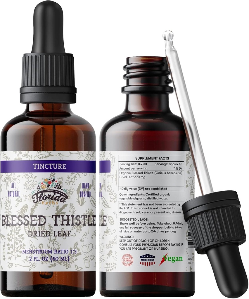 Beat Thistle Tincture, Orgánica Beat Thistle Extract (Cnicus benedictus) Herbal Suplemento, No-GMO en la Glicerina Vegetal Orgánica Fría Presionada, 700 mg, 2 oz (60 ml)
