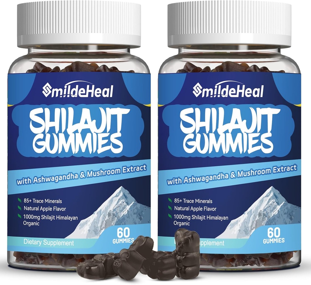 Shilajit Gummies 1000 MG, Suplemento Shilajit Orgánico, 85+ Trace Minerals, con Ashwagandha, Mushroom - Energía, Cerebro, Apoyo Inmunitario, para Hombres - 120 Conde