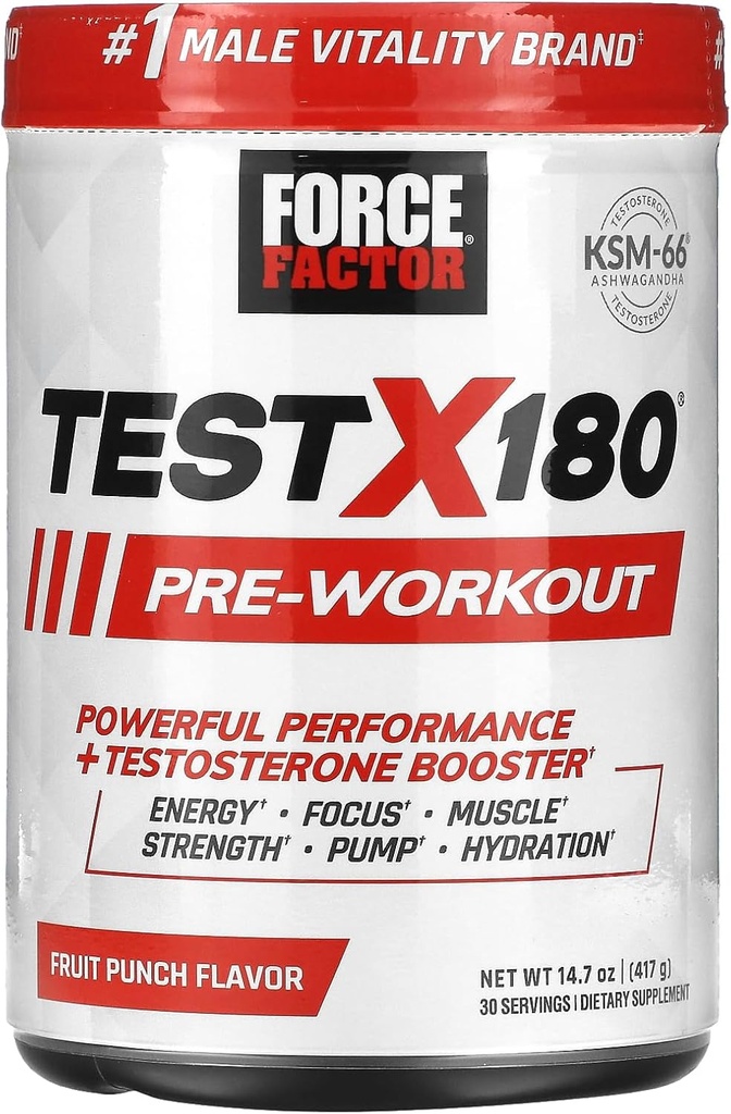 FORCE FACTOR Test X180 Pre-Workout Powder & Energy Supplement, Boost Focus & Endurance, Build Muscle & Strength, Nitric Oxide Supplement with Ashwagandaha & L-Citrulline, Fruit Punch, 30 Servings