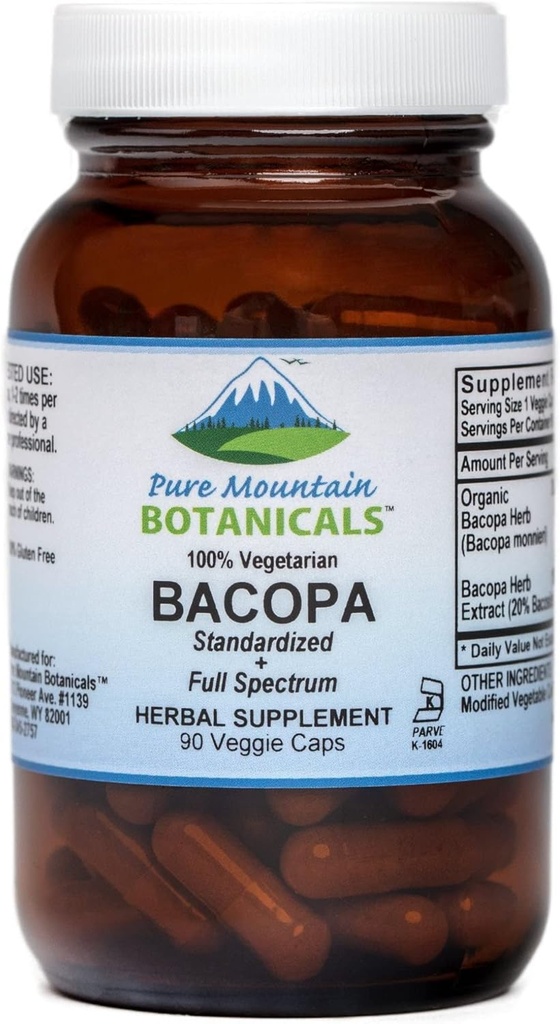 Pure Mountain Botanicals Bacopa Monnieri Capsules - Vegan Caps with Organic Bacopa & Standardized Bacopa Extract Suplemento