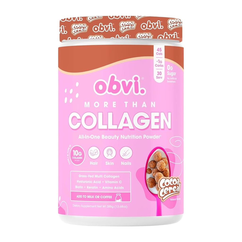 Obvi More Than Collagen Powder  Supports Healthy Hair, Skin, Nails, Joints, Gut ← Grass-Fed Multi Collagen Supplement with Hyaluronic Acid, Biotin, Keratin ← Cocoa Cereal, 30 Servings