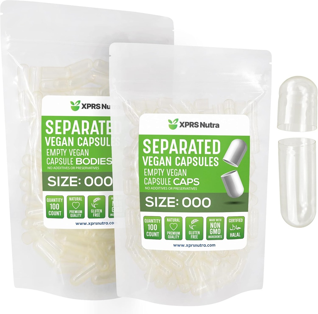 XPRS Nutra Vegan Tamaño 000 cápsulas separadas- 100 cápsulas de vacío Premium de cuenta separadas en bolsas - cápsulas vacías - 000 pastillas para relleno de suplementos de bricolaje