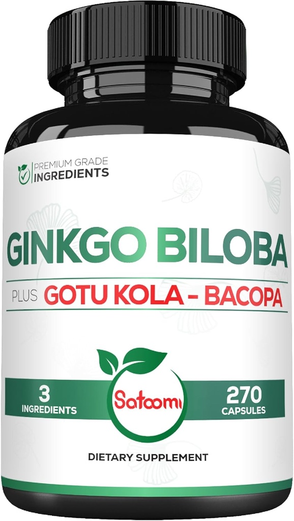 1520mg Ginkgo Biloba Suplementos con Gotu Kola Leaf, Bacopa Monnieri - 270 cápsulas - Soporte extra de fuerza para la salud cerebral, función de memoria, Focus &amp; Vision Quality - 3 meses de suministro