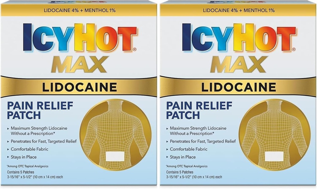 Icy Hot Max Strength Lidocaine Patch Alivio de Dolor (5 Conde) Penetrates for Fast, Targeted Relief (Pack of 2)