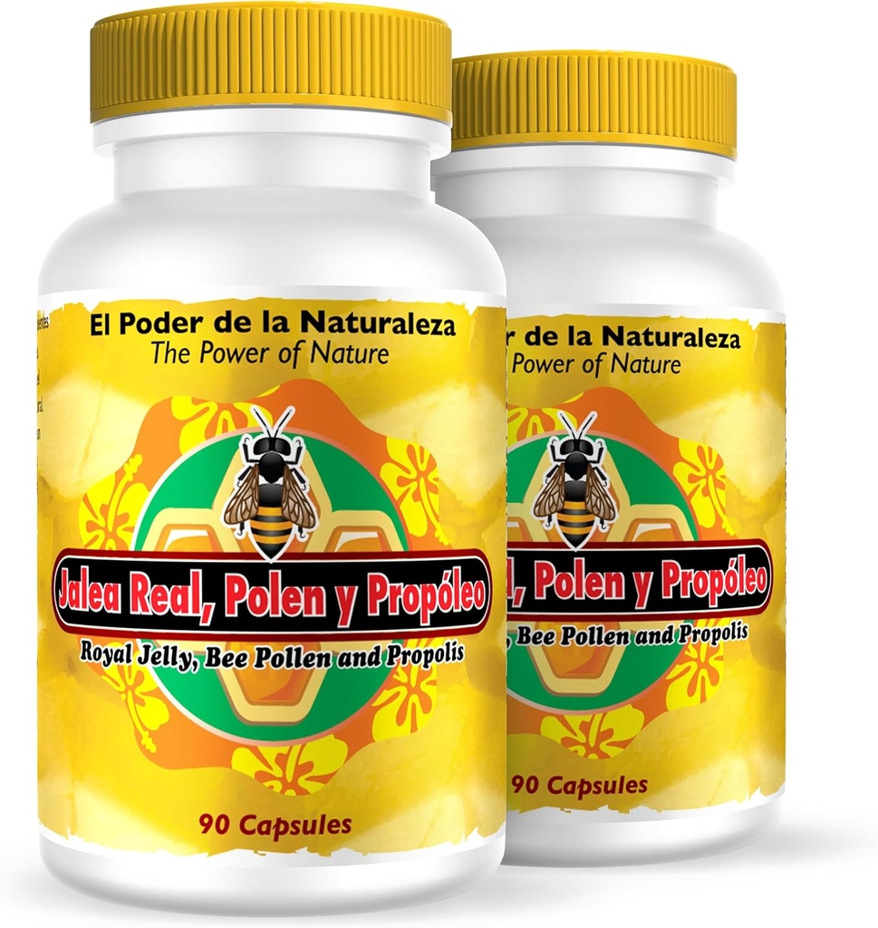 Nutrisalud Productos Jalea Real, Polen y Propoleo en UNA sola capsula. Maxima Potencia. Tonico rejuvenecedor, energia Natural, .Set de 2 frascos con 90 caps. c/u.