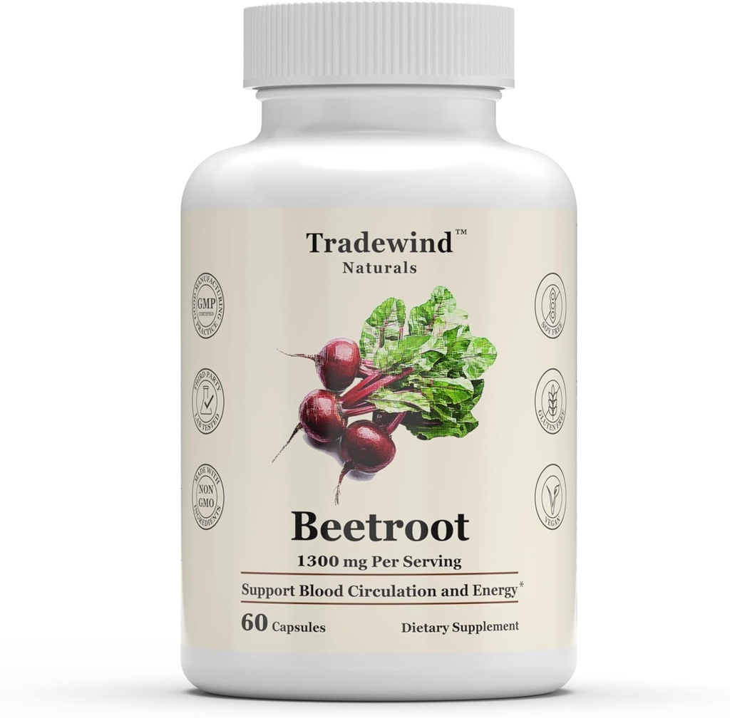 Beetroot 1300mg - Vegan - Non-GMO - Pure Beetroot - Support Blood Circulation and Energy - 60 Vegetable Capsules - Made in The USA