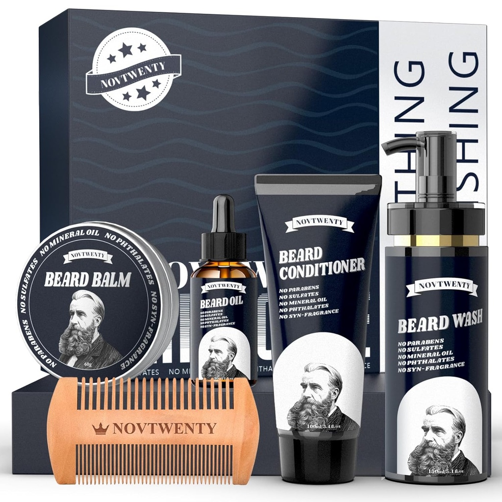 Kit de Crecimiento de la barba - Mobiuty Men's Beard Care Kit con ingredientes naturales, Incluye lavado de barba, aceite de barba, acondicionador de barba, beard Balm y barba Comb, Gift Set for Boyfriend Husband Padres
