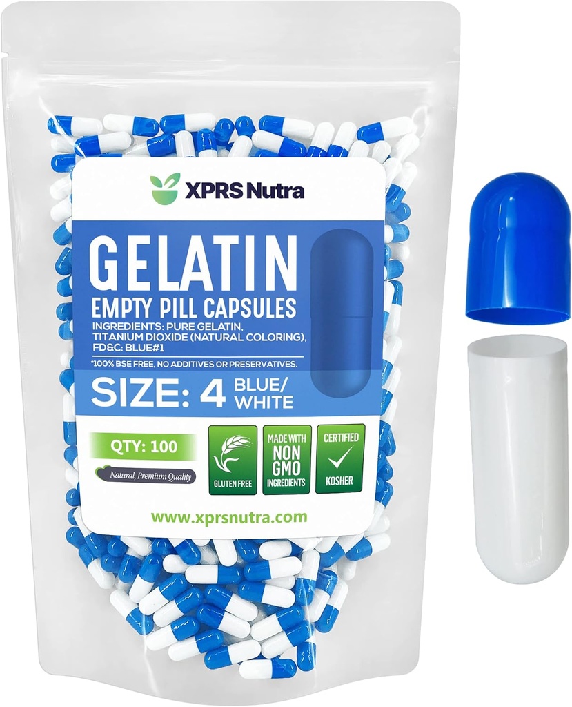 XPRS Nutra Size 4 Empty Capsules - 100 Cuentas Pequeños Empty Gelatin Capsules - Pills DIY Capsule Filling - Fillable Pure Bovine Pill Gel Caps for Do-It-Yourself Supplements (Blue/White)
