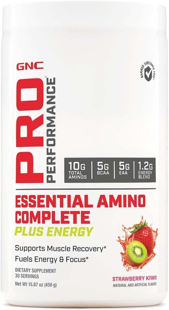 GNC Pro Performance Essential Amino Complete Plus Energy, soporta la recuperación del músculo, Strawberry Kiwi, 15.9 oz.