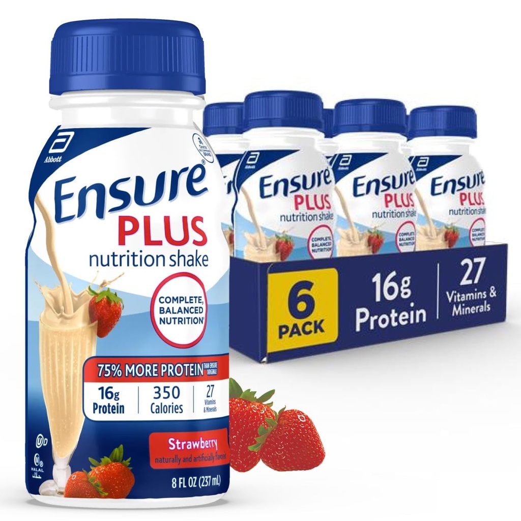 Ensure Plus Strawberry Nutrition Shake | Meal Replacement Shake | Ready To Drink | 16g Protein and 27 Vitamins and Minerals | 8 fl oz - 6 Pack