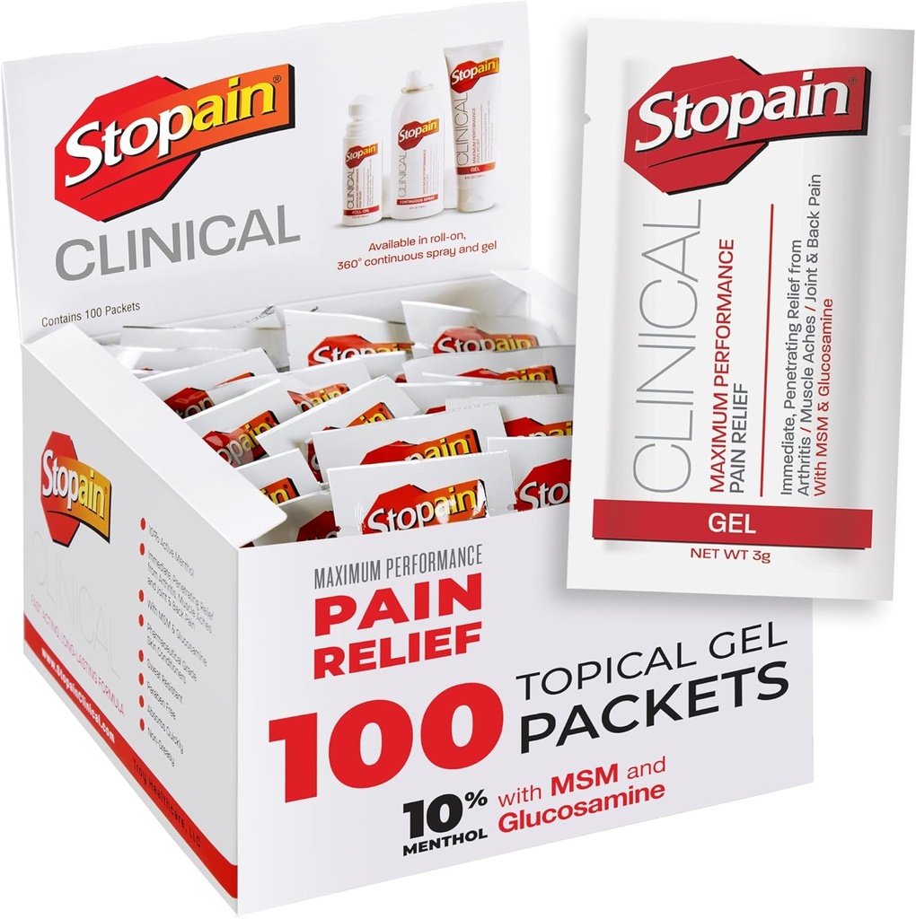 Packets Gel Clinical Alivio de Dolor de Stopain, 100 Pack, Made in USA, Maximum Performance Doin Relief with 10% Menthol Plus Glucosamine for Muscle Aches, Joint Pain, and Arthritis