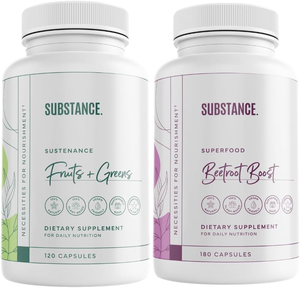 SUSTANCIA. Bundle: Sustenancia de la naturaleza Frutas y verduras diarias (120 cápsulas) + Beetroot Boost (180 cápsulas) - Natural Energy Boost &amp; General Wellness - US Made, Vegan-Friendly