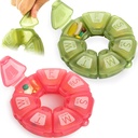 Organizador semanal redondo, TPU Rubberized, Contenedor de pilas de viaje 7 Día, con 7 grandes compartimientos, Grande para suplementos diarios de vitaminas, Cute caja de píldoras con grandes letras y braille (2 pcs)