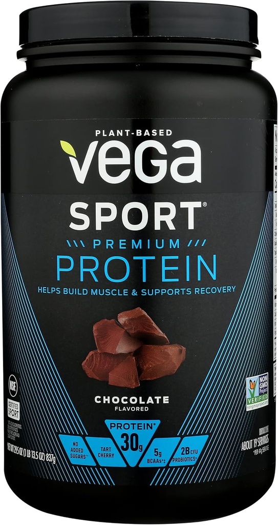 Vega Sport Premium Protein Powder, Chocolate, Vegan, 30g Proteína con base vegetal, 5g BCAAs, Low Carb, No Sugar, Keto, Dairy Free, Gluten Free &amp; Non-GMO, Pea Protein for Women and Men, 29.5 Oz