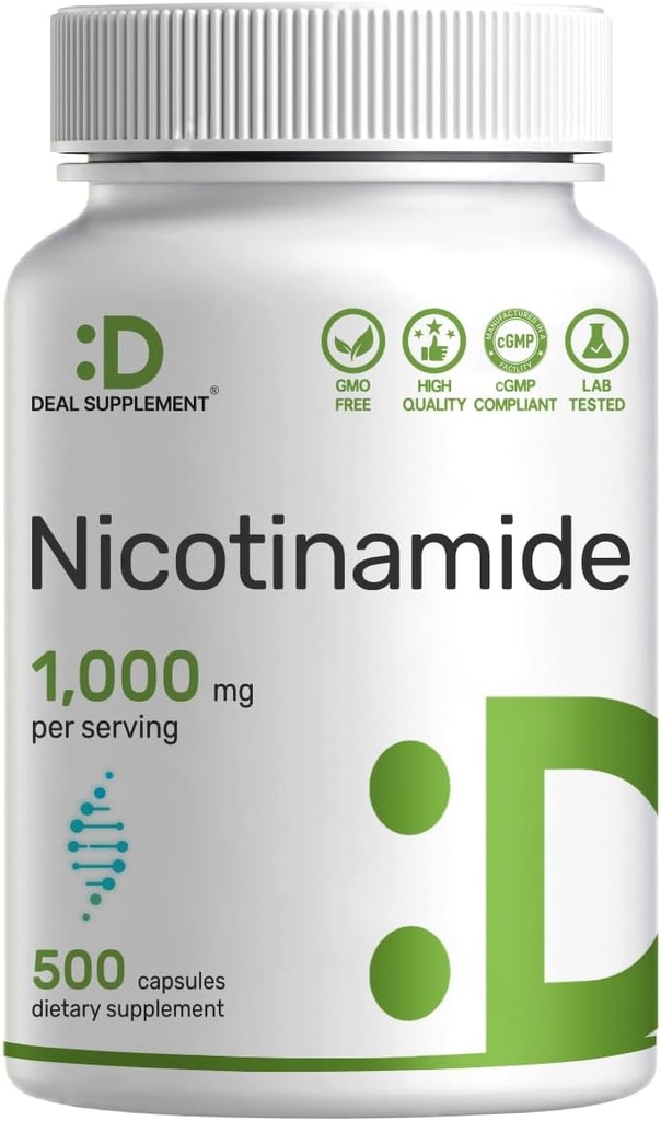 Vitamin B3 Nicotinamide 1,000mg Per Serving – 500 Capsules, Flush Free Niacin, Essential B3 – Supports Healthy Skin & Energy Production – Non-GMO